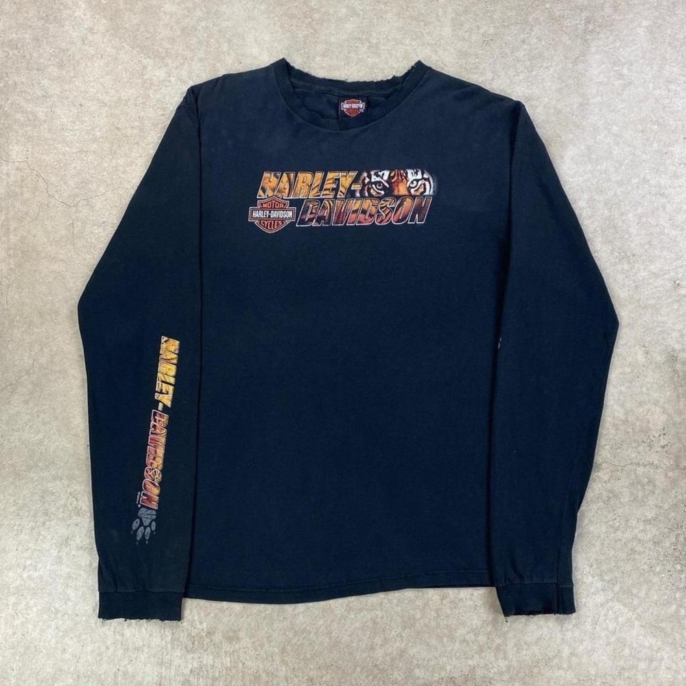 Vintage Harley Davidson Tiger Long Sleeve Shirt Size XXL Black Marquette MI Bike